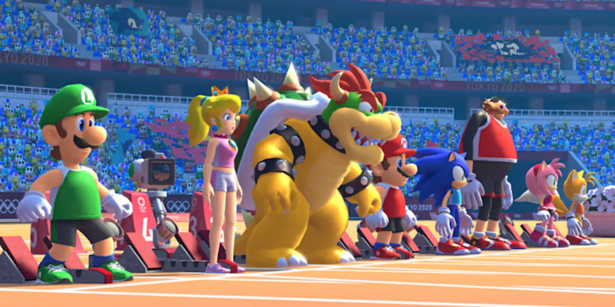 Luigi, Peach, Bowser, Mario, Sonic, Dr. Eggman, Amy and Tails prepare to face off