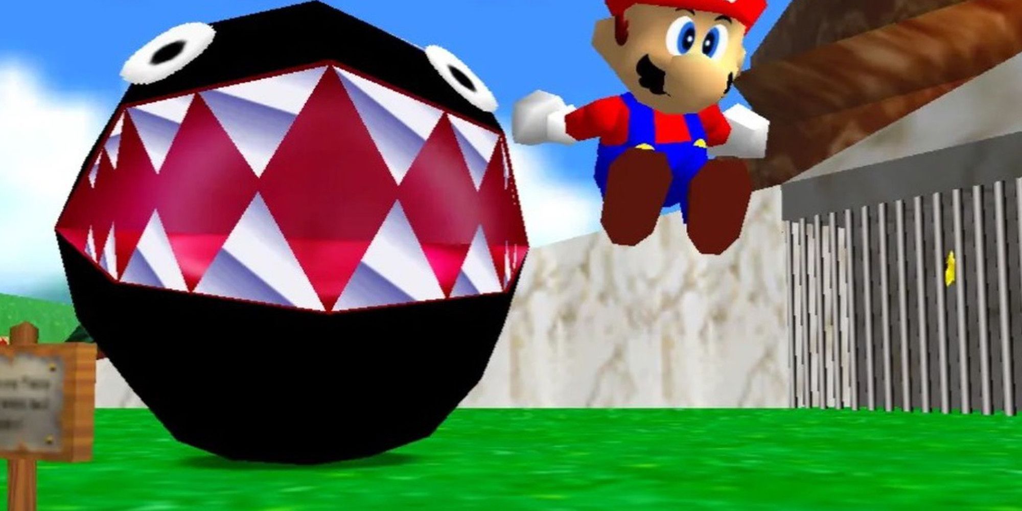 Mario dodging a Chain Chomp in Super Mario 64.