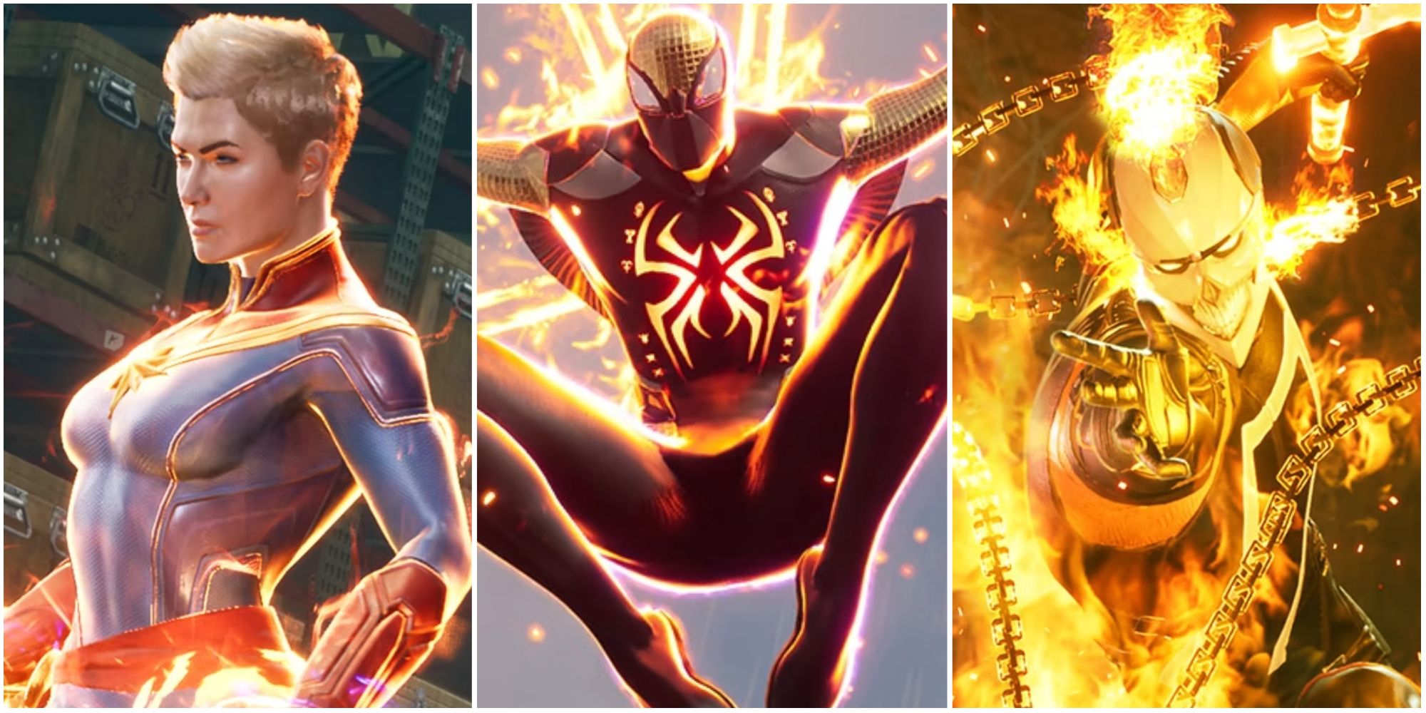 The best High Damage Team Composition (Captain Marvel, Spider-Man, and Ghost Rider) in Marvel's Midnight Suns