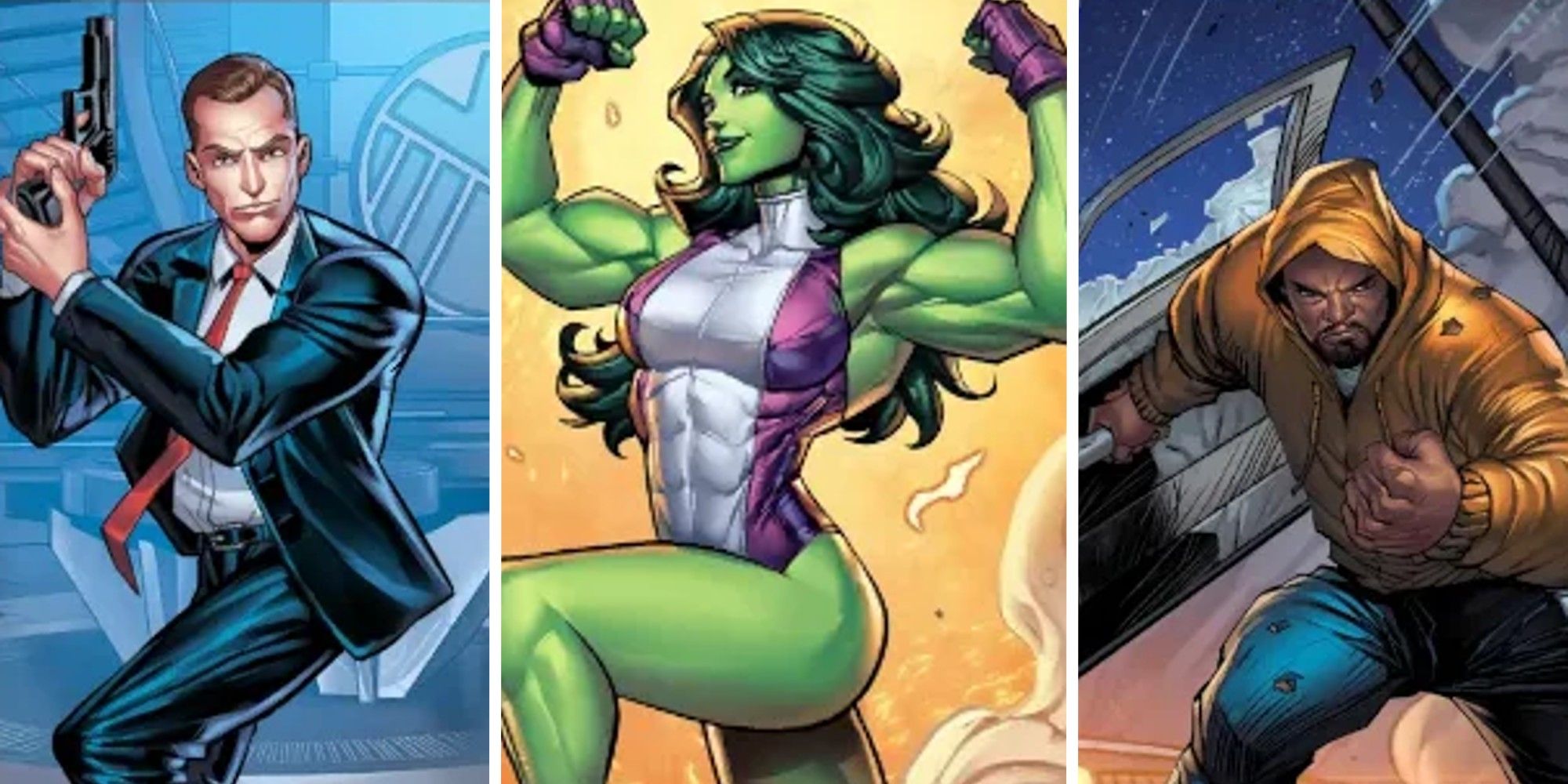 Split image of Agent Coulson, She-Hulk and Luke Cage