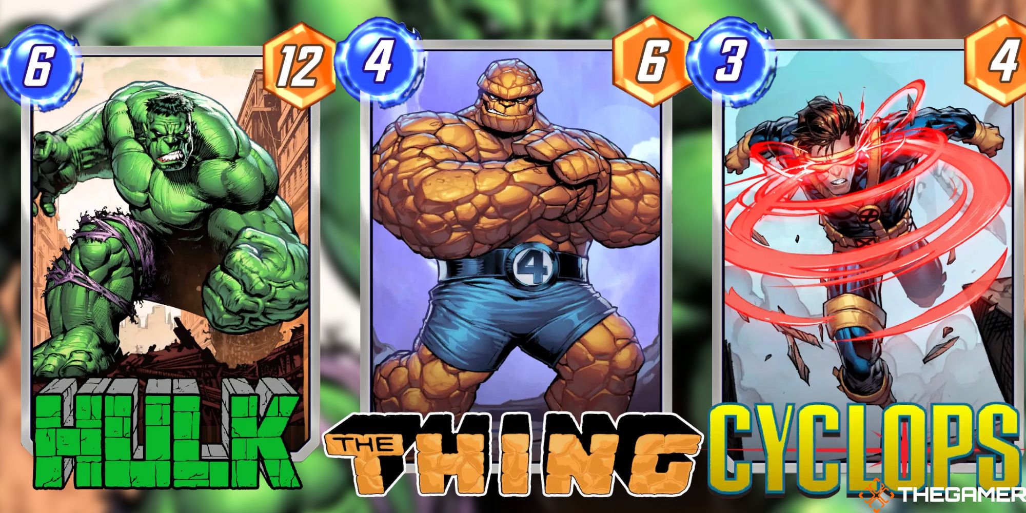 Marvel Snap No Ability Cards Hulk, The Thing Cyclops