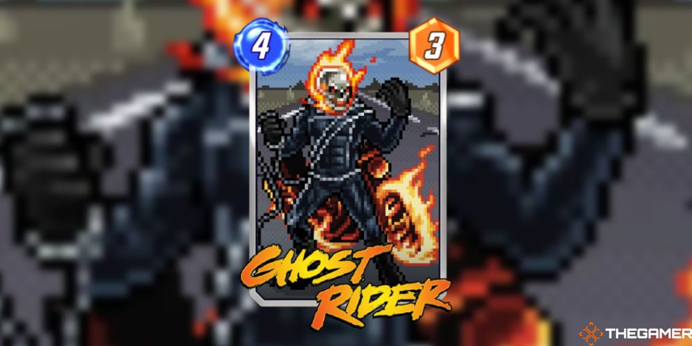 Marvel Snap Retro Variant Ghost Rider flaming skull and motorcycle