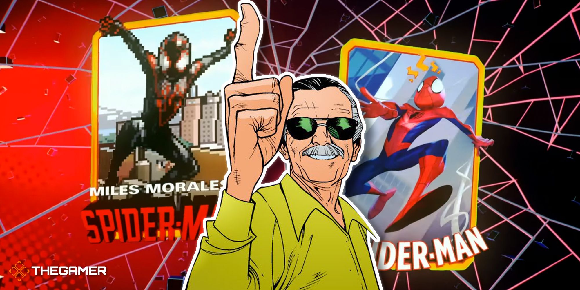 stan lee pointing in front of marvel snap spider-man cards