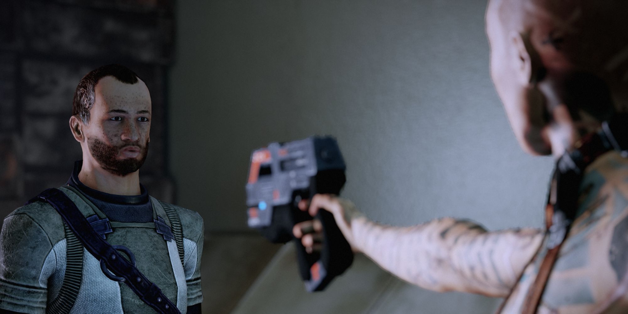 Mass Effect 2 Screenshot of Jack Pointing Gun At Aresh
