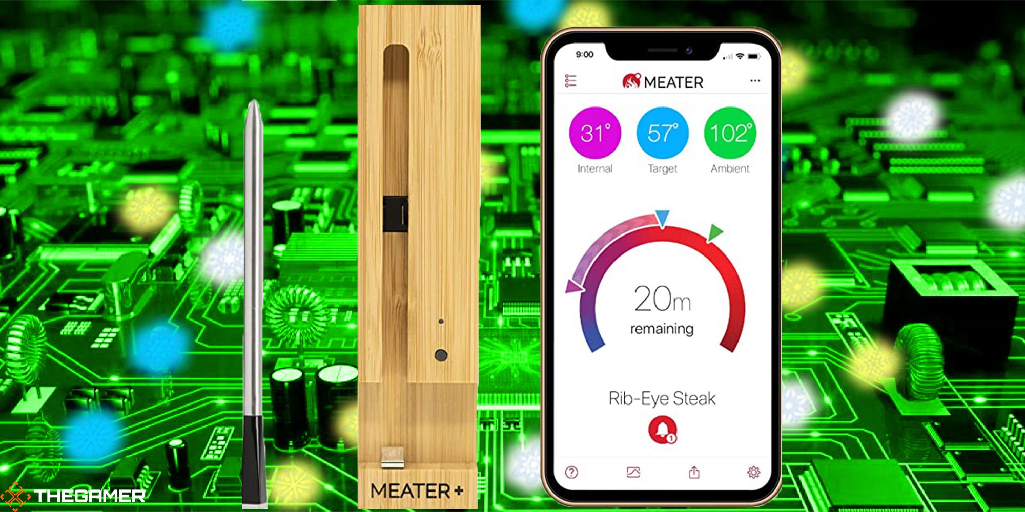 A MEATER Plus Smart Meat Thermometer, and its smartphone app against a snowy, green tech background. Custom image for TG.