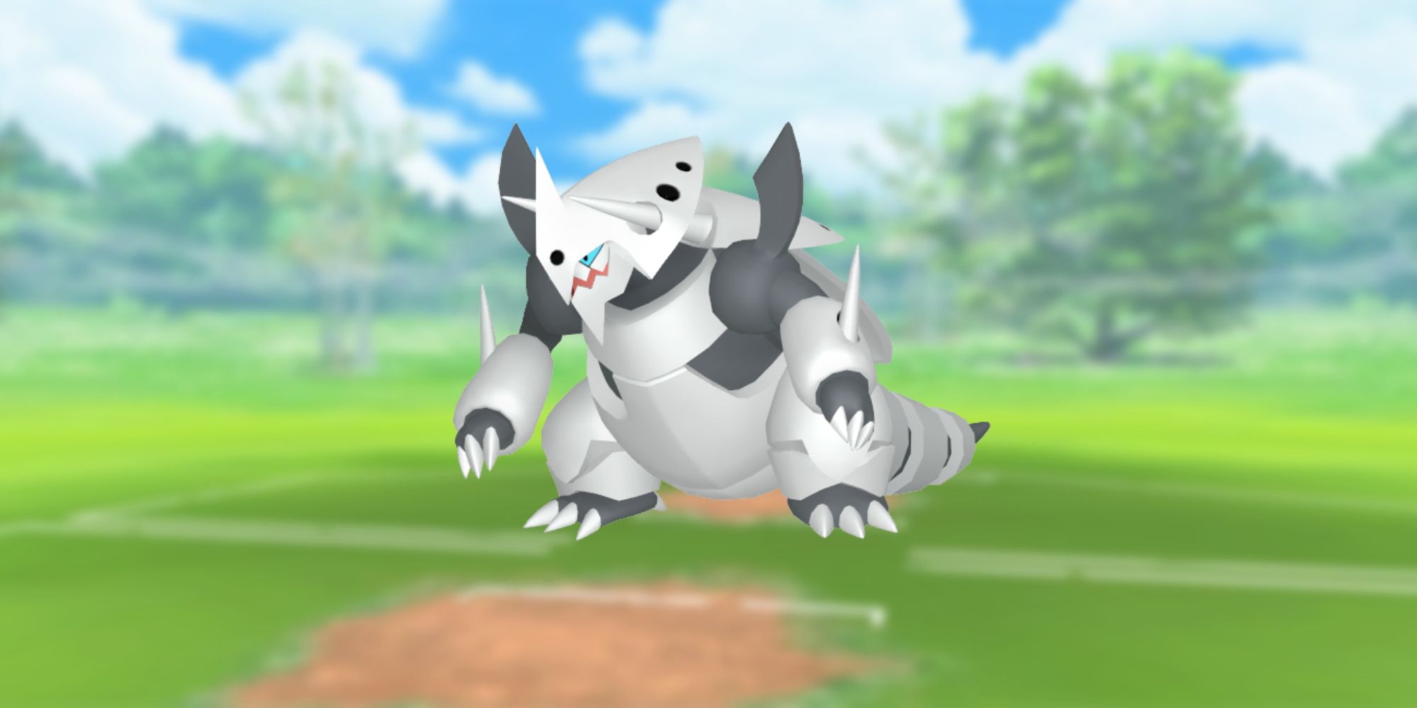 Mega Aggron from Pokemon with the Pokemon Go battlefield as the background