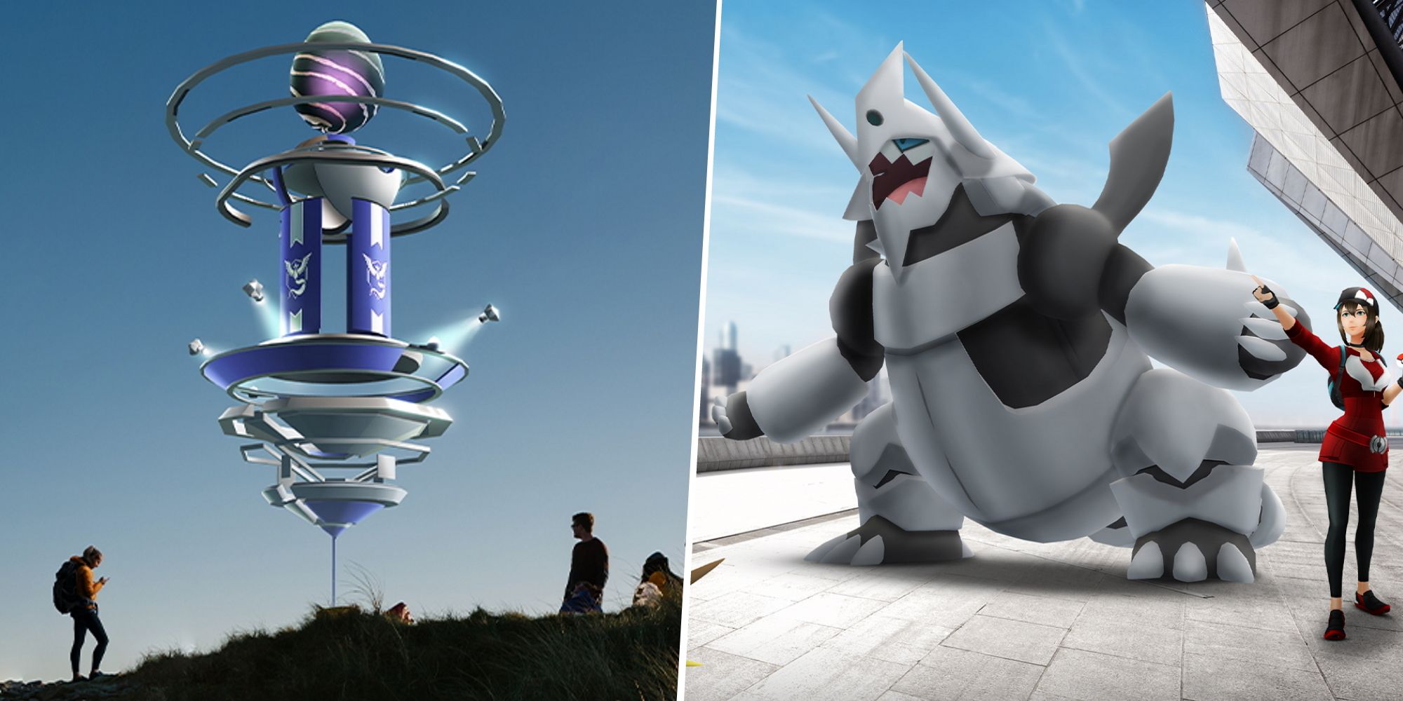 Image of a Pokemon Go Raid split with an image of Mega Aggron and a Pokemon Go Trainer