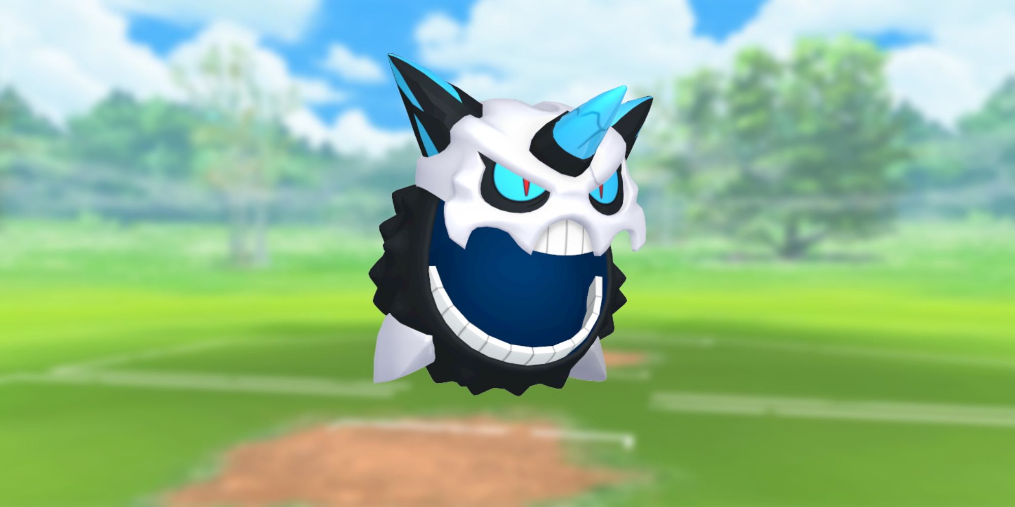 Mega Glalie from Pokemon with the Pokemon Go battlefield as the background