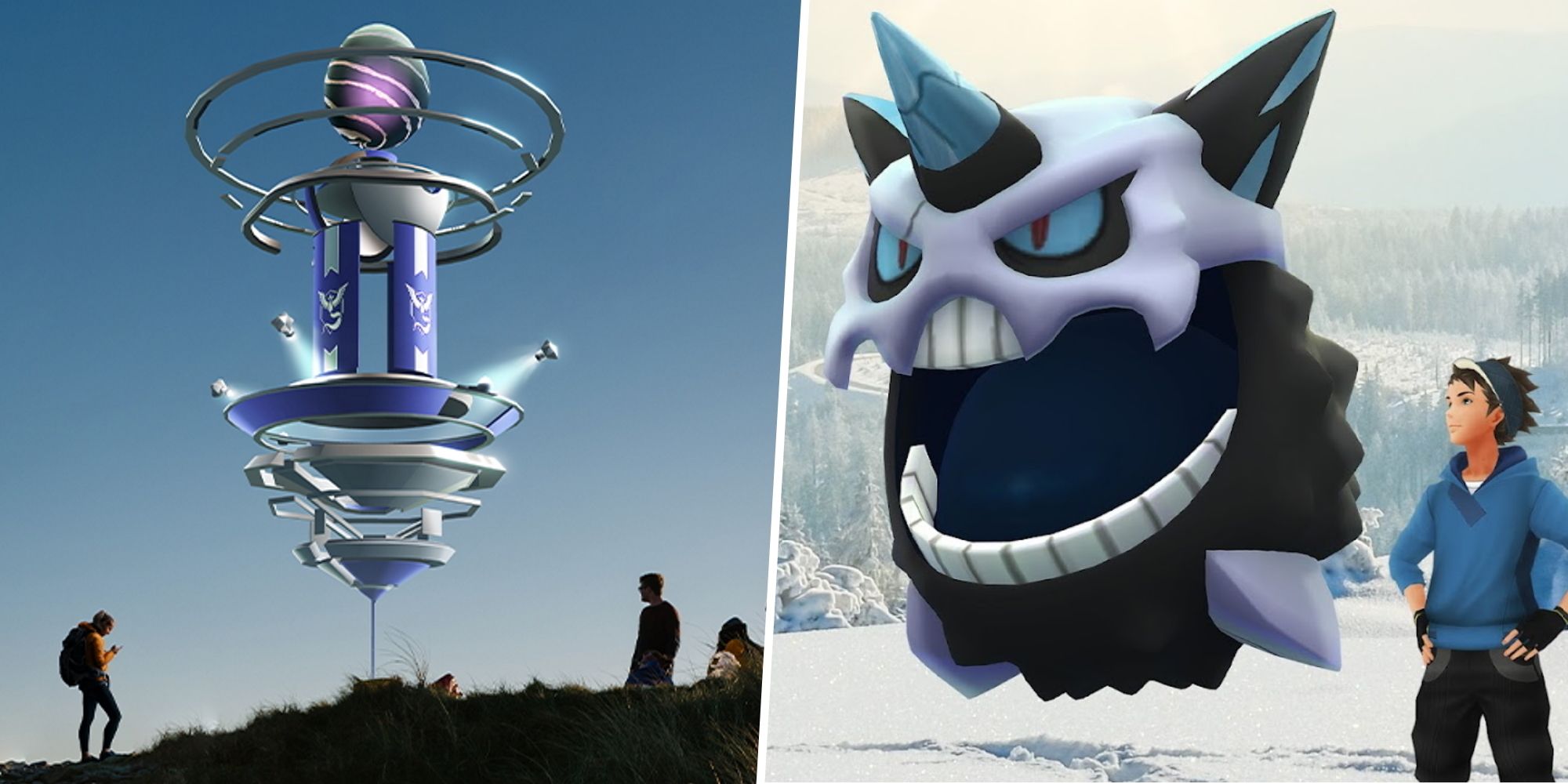 A Pokemon Go Raid with people around it split with an image of Mega Glalie and a Trainer