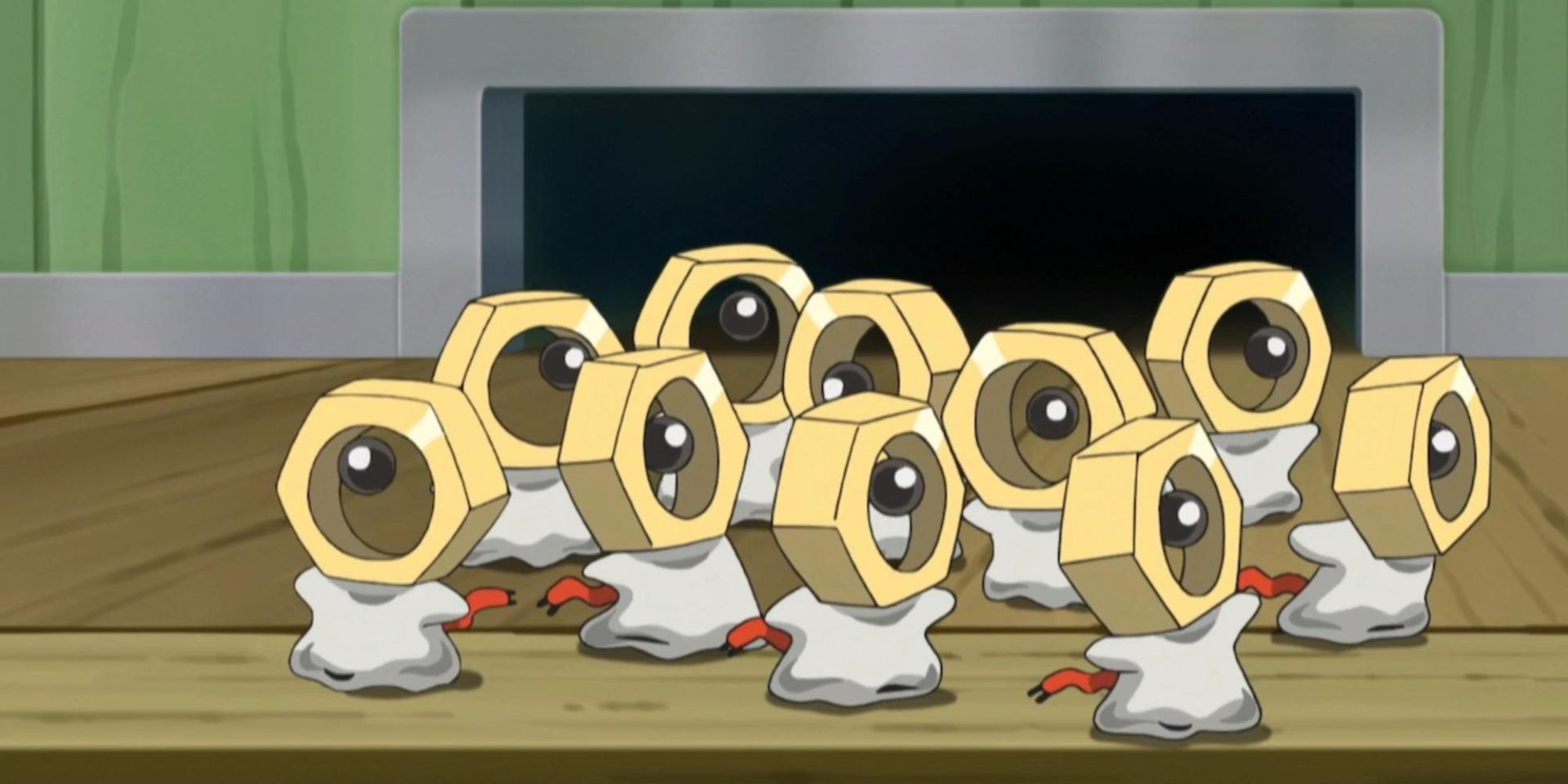 A group of Meltan emerge from a hole in the wall