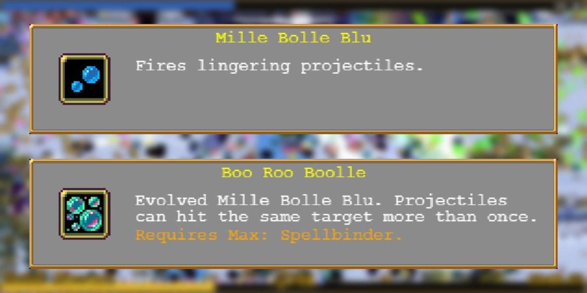 Information on the Mille Bolle Blu and Boo Roo Boollee weapons in Vampire Survivors.