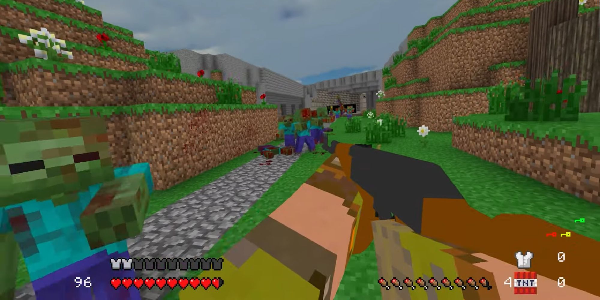 Doom player in Minecraft shooting zombies with an AK-47 in the plains 