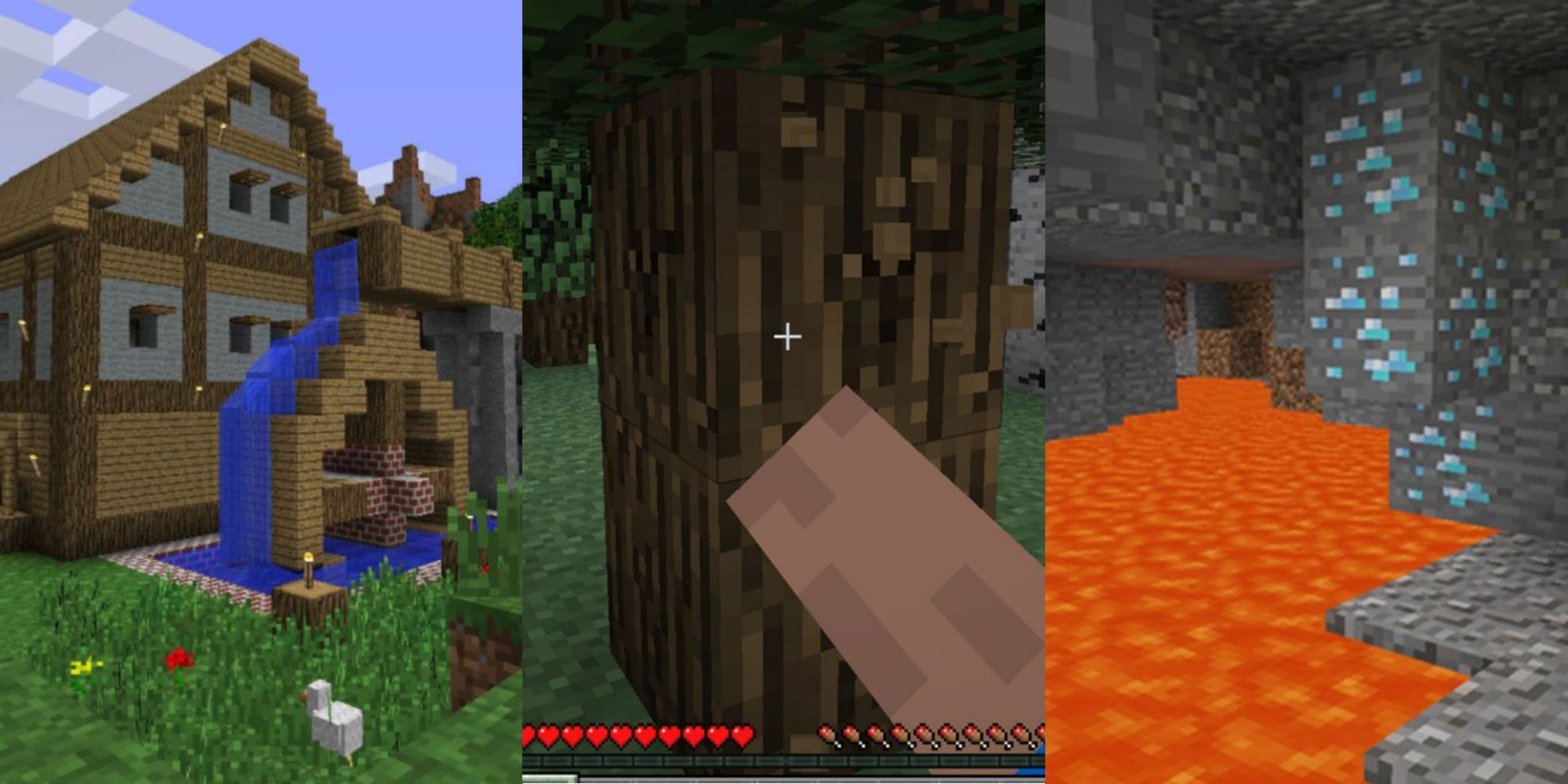 Split image of Minecraft moments, from chopping wood to making a house and exploring a lava filled area