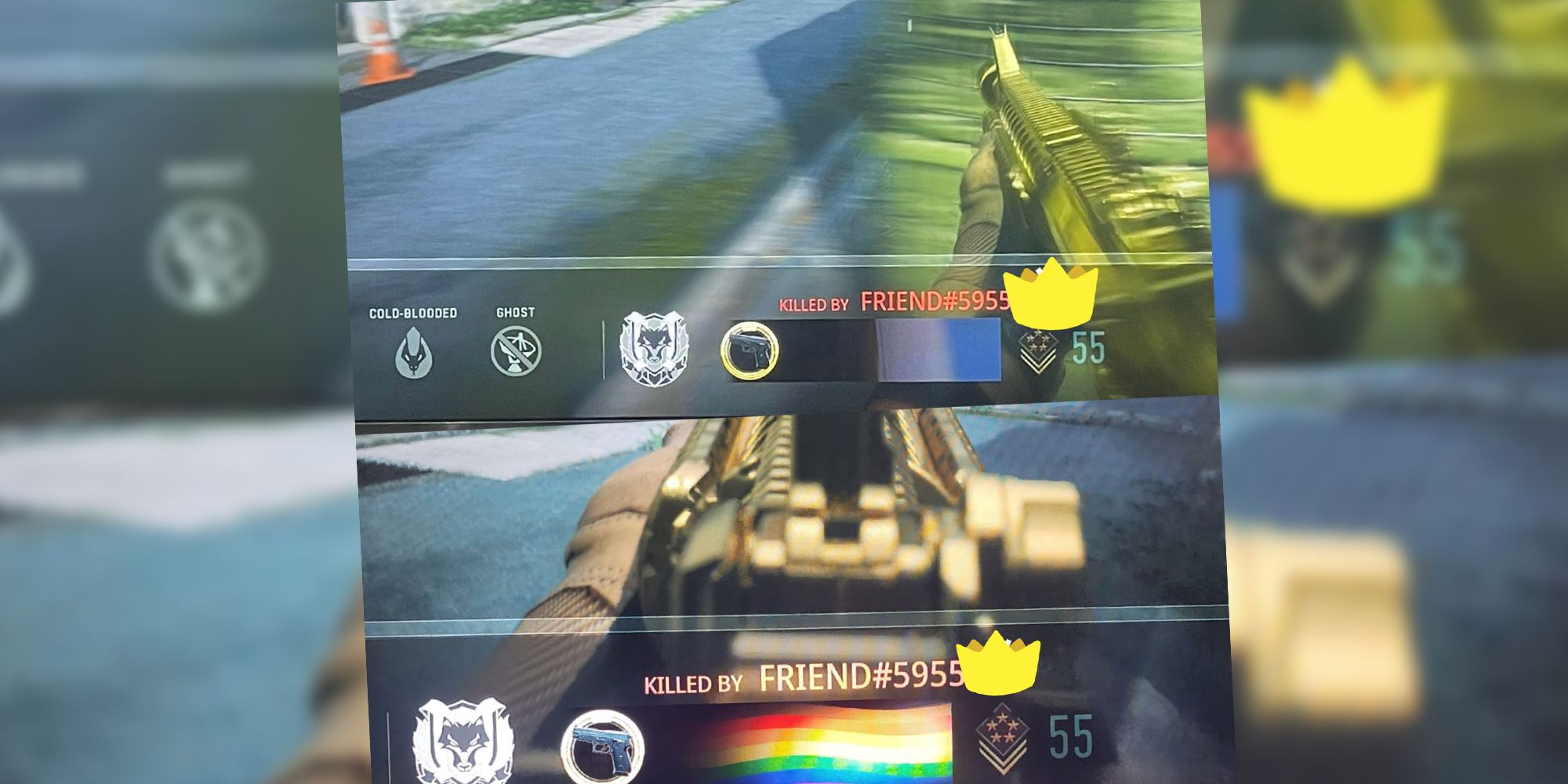 Modern Warfare 2 Pride Flag censored on the top image, but showing on the bottom, with an enlarged version of the image blurred behind