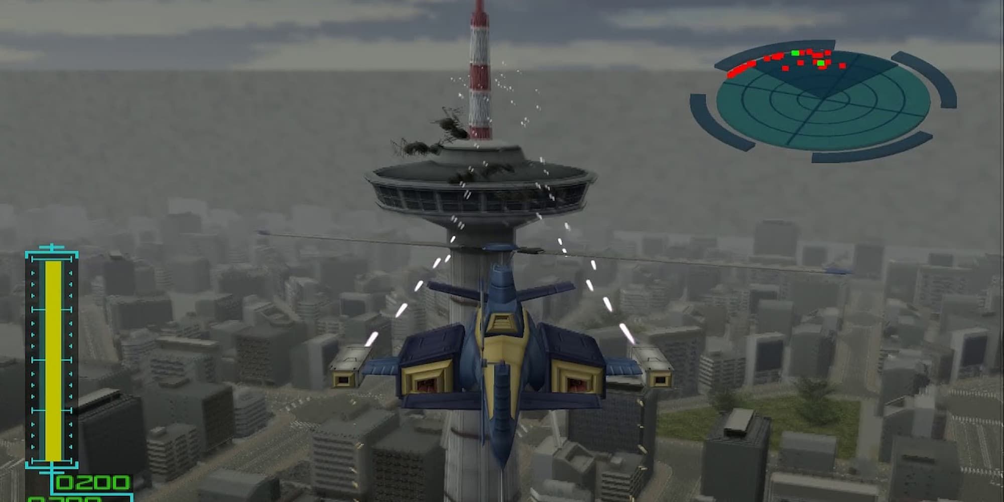 A fighter aircraft attacks insects atop a tower in Monster Attack.