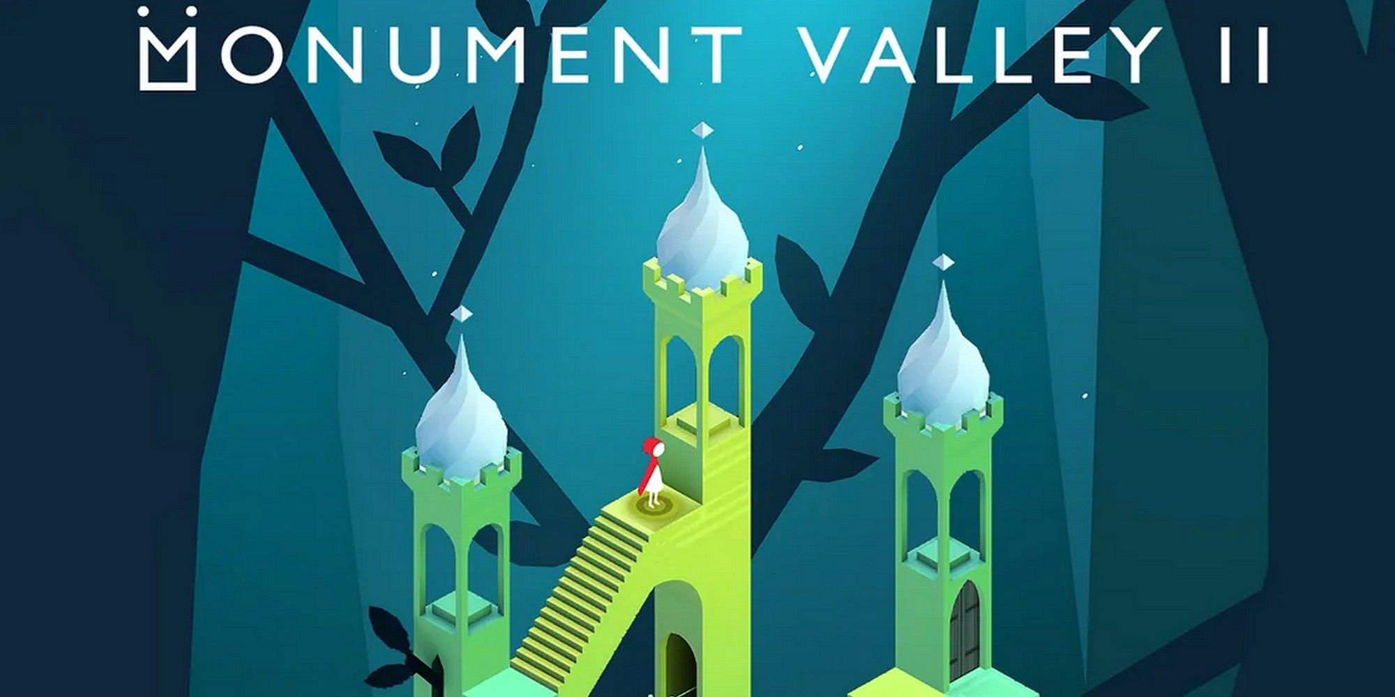monument valley 2 title screen with ro at the top of the castle stairs