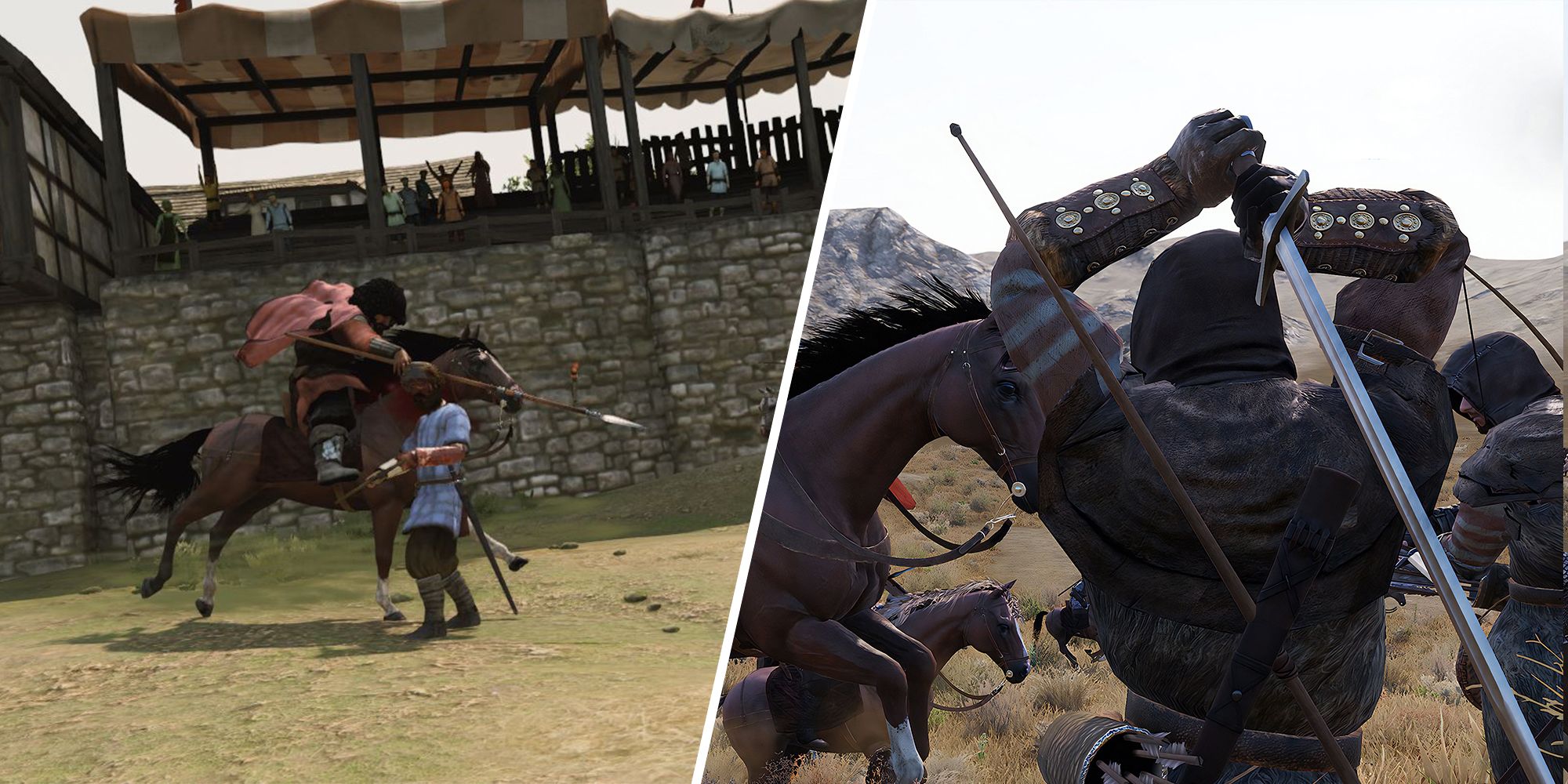 Split image of soldiers fighting in an arena and a soldier with a two handed sword.