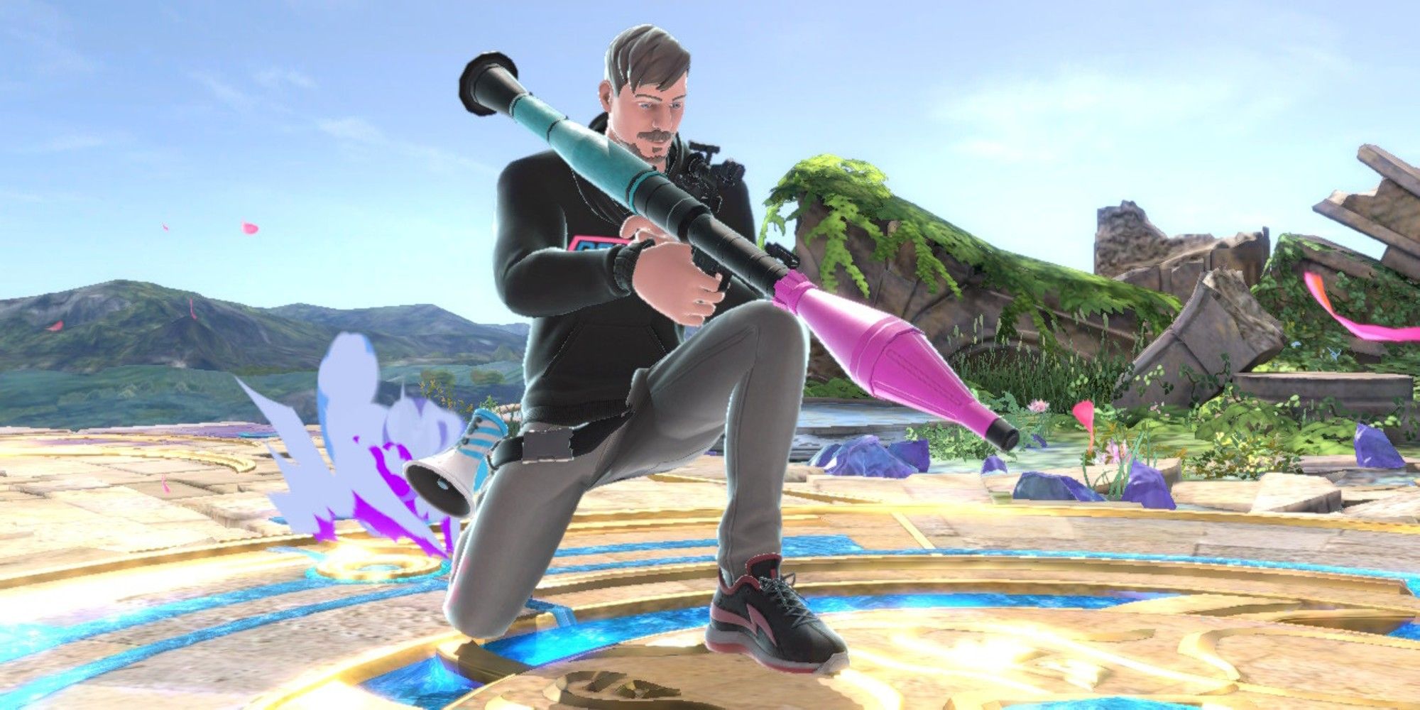 MrBeast holding a rocket leauncher in super smash bros