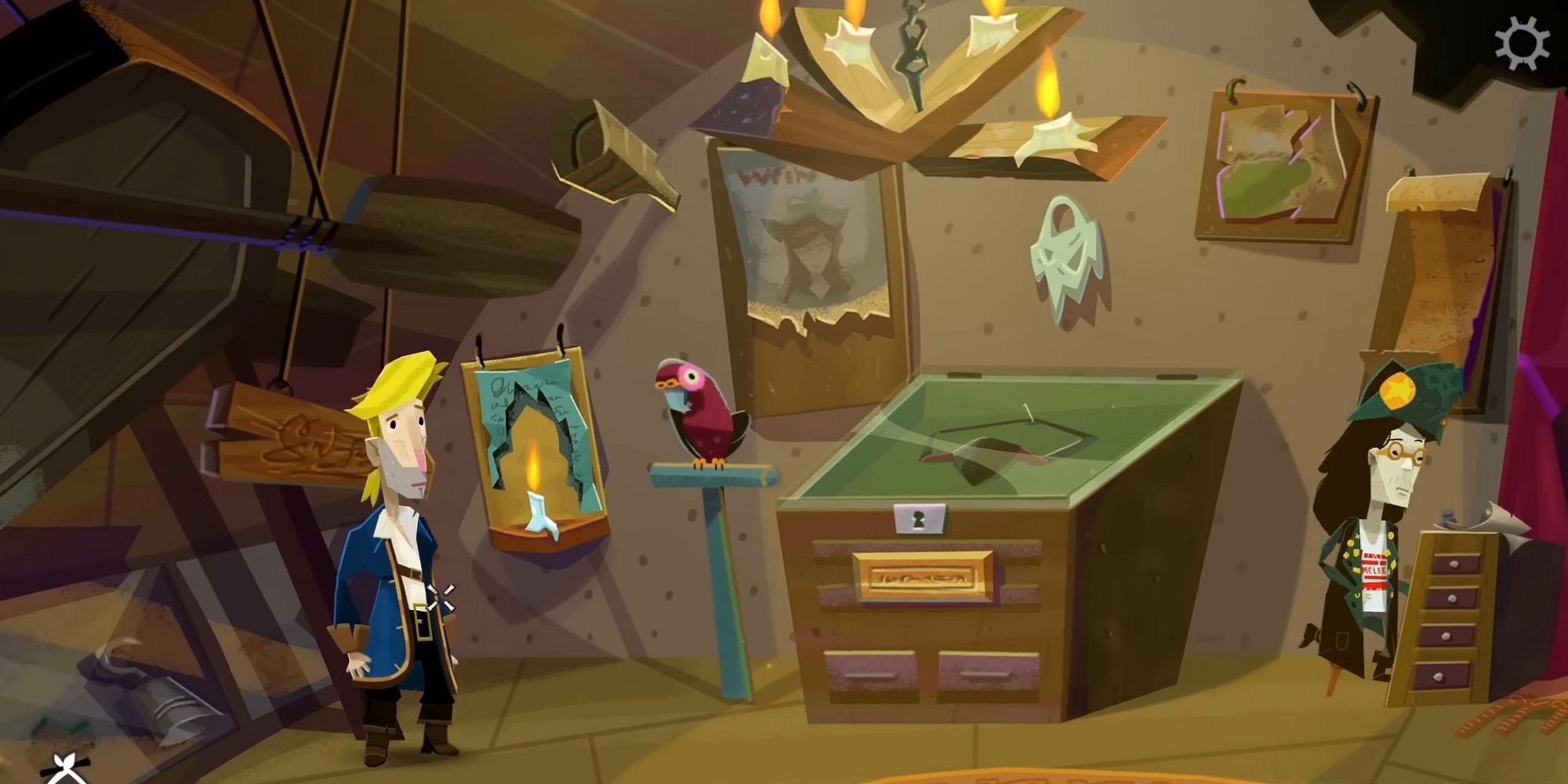 Guybrush Threepwood, The Eye Patch, the Parrot, and the Curator in Return to Monkey Island