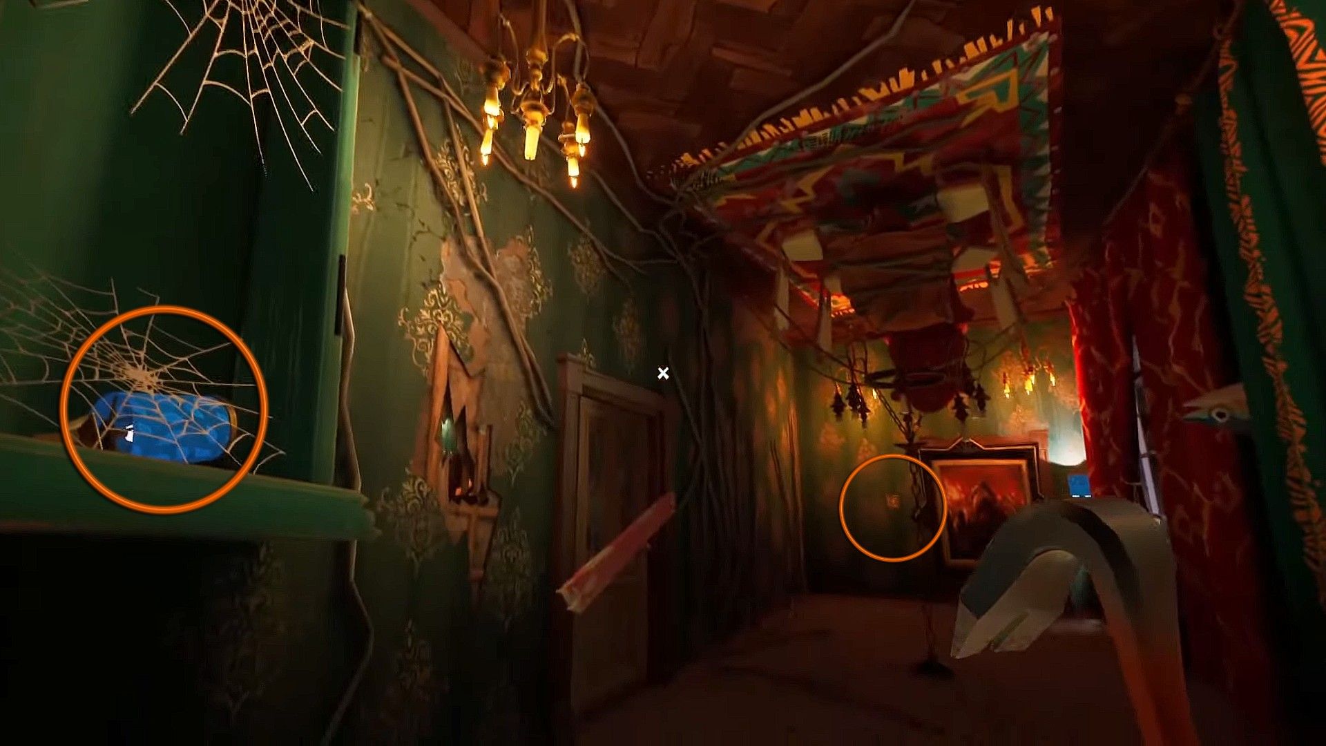The missing lantern behind a cobweb is circled on the left and the empty bracket you must place it in is circled on the right in Hello neighbor 2