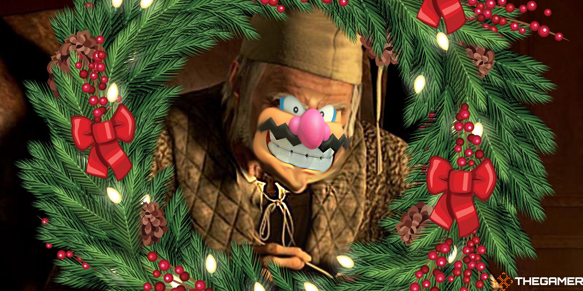 Wario dressed as Ebenezer Scrooge surrounded by a Christmas wreath. Feature Image for TG.