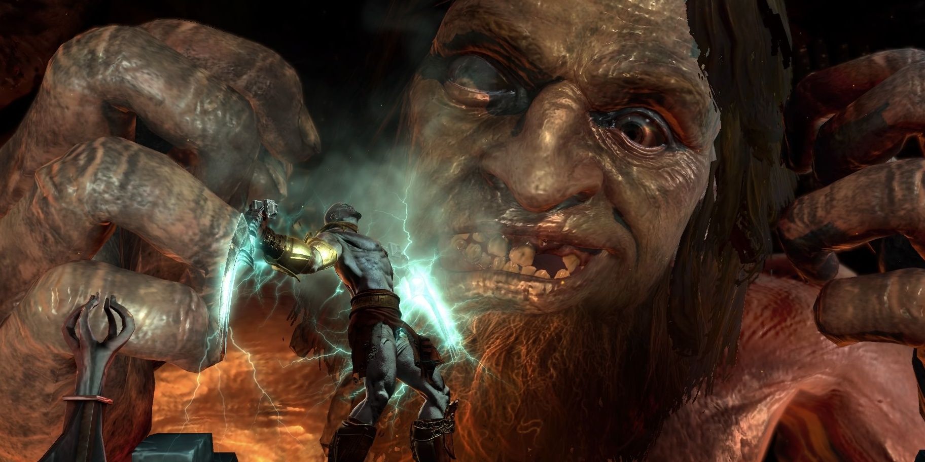 Hephaestus attempting to kill Kratos with the Nemesis Whip, in God of War 3