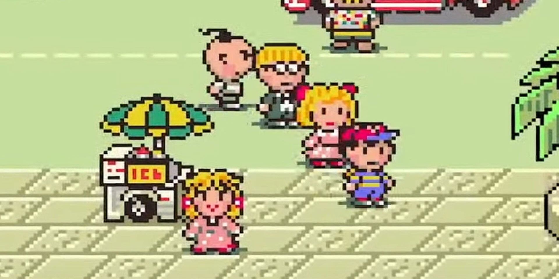 Ness and crew in the city areas of Earthbound.