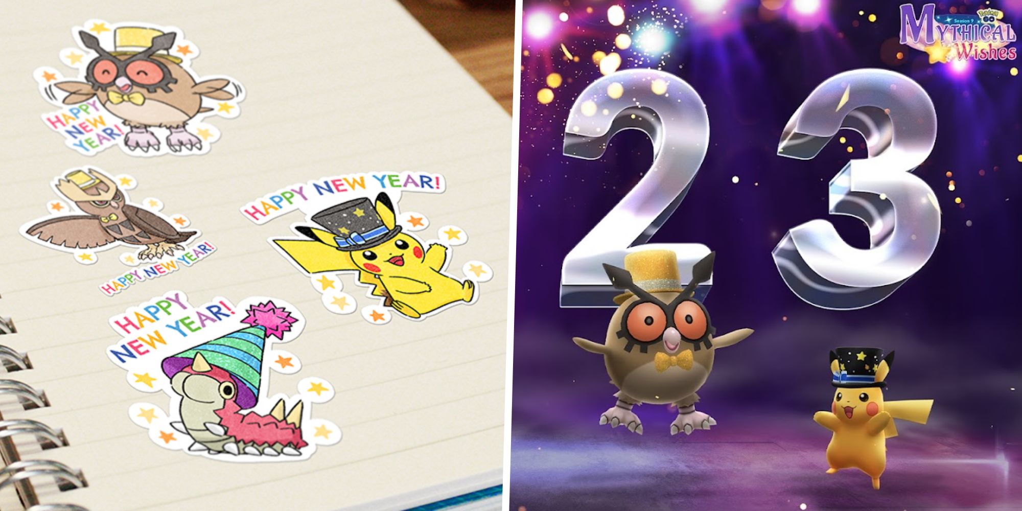 Pokemon Go New Year's 2023 Stickers split with an costumed Hoothoot and Pikachu