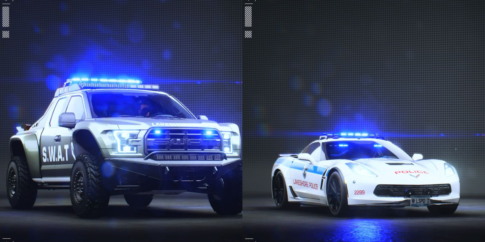 Need For Speed Unbound split image of two cop cars