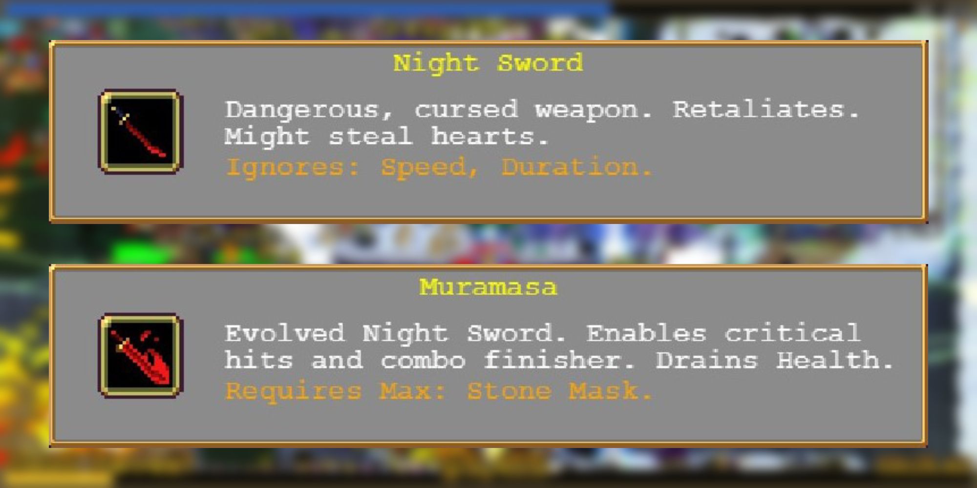 Information on the weapons Night Sword and Muramasa from Vampire Survivors.