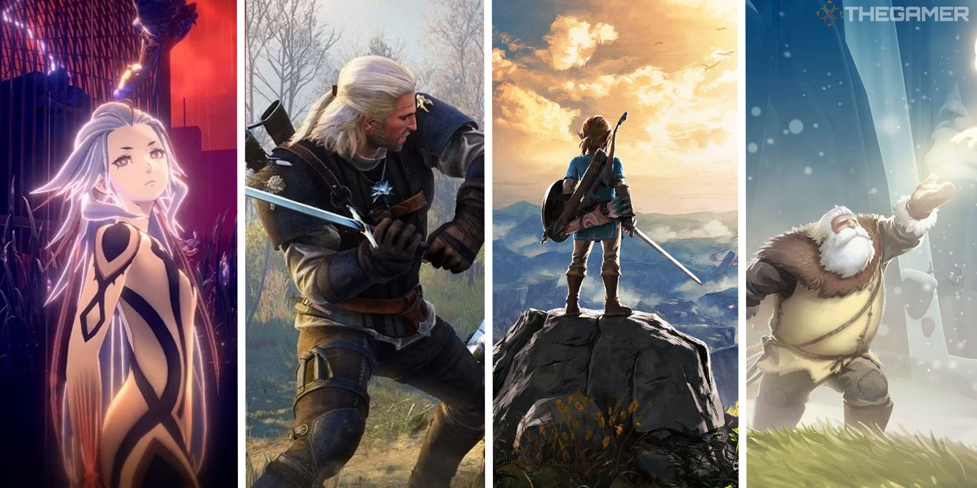 split image showing ai somnium files, the witcher, breath of the wild, and arise a simple story