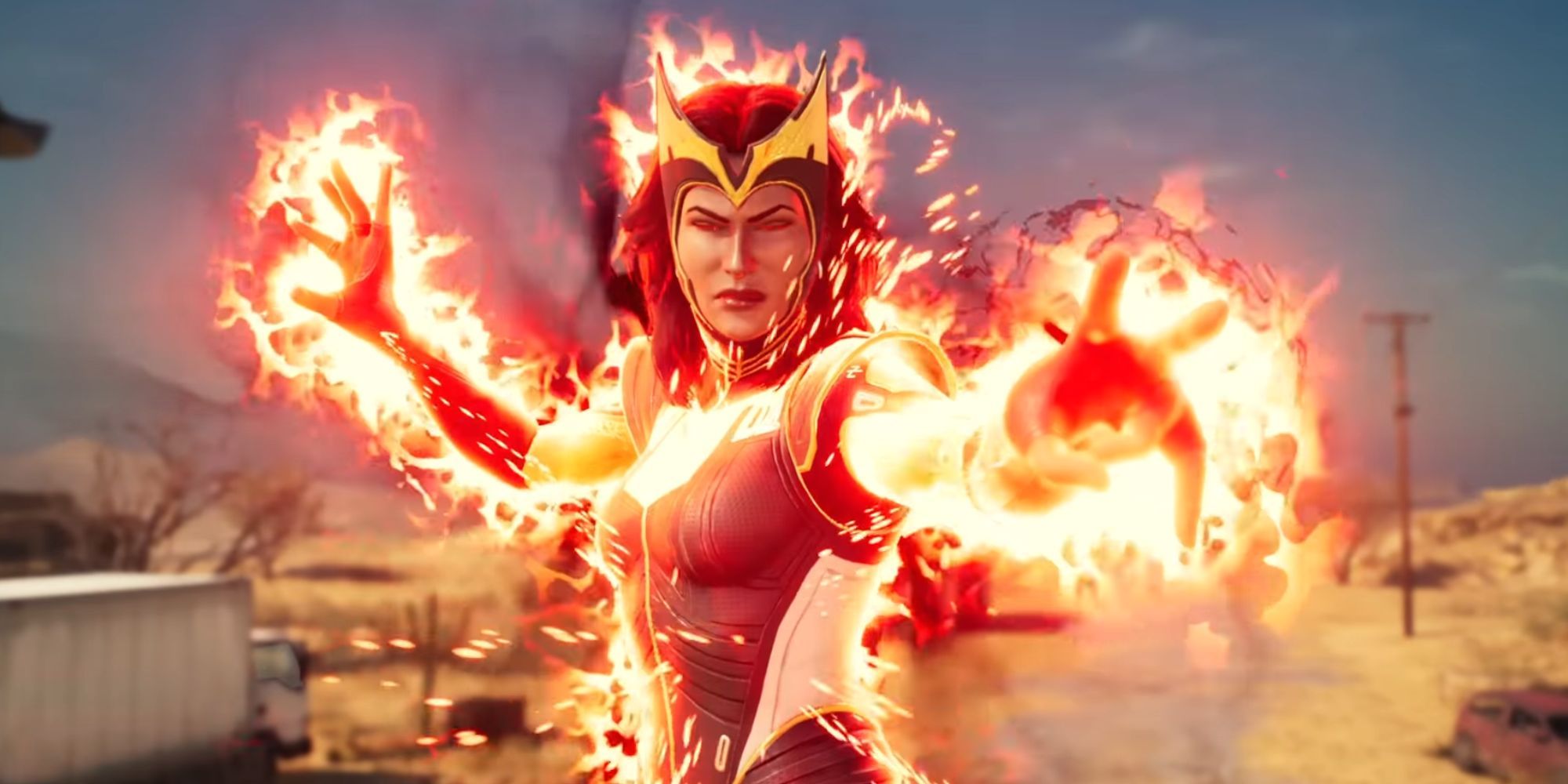 Scarlet Witch cinematic of the "No More" ability. Wanda is surrounded in red and orange fire.