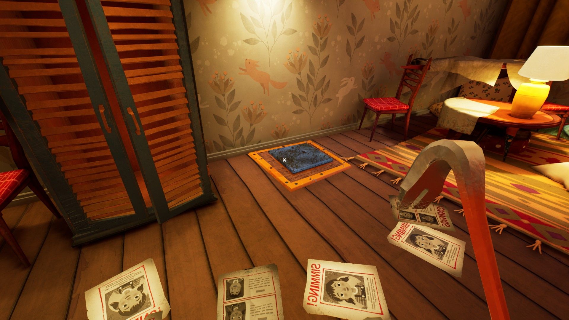 A button on the ground that creates noise when it opens a nearby wardrobe in Hello Neighbor 2