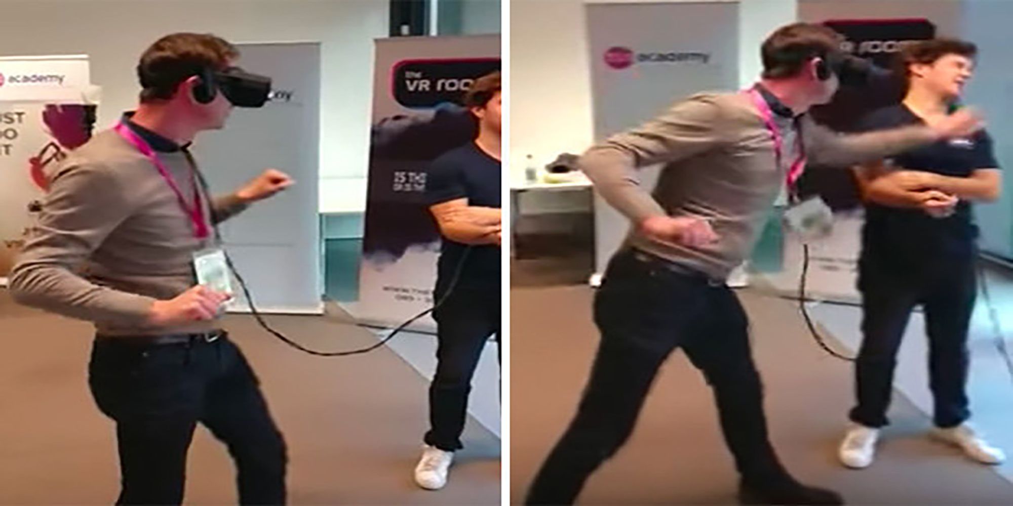 A man testing an Oculus Rift punches an onlooker in the face.