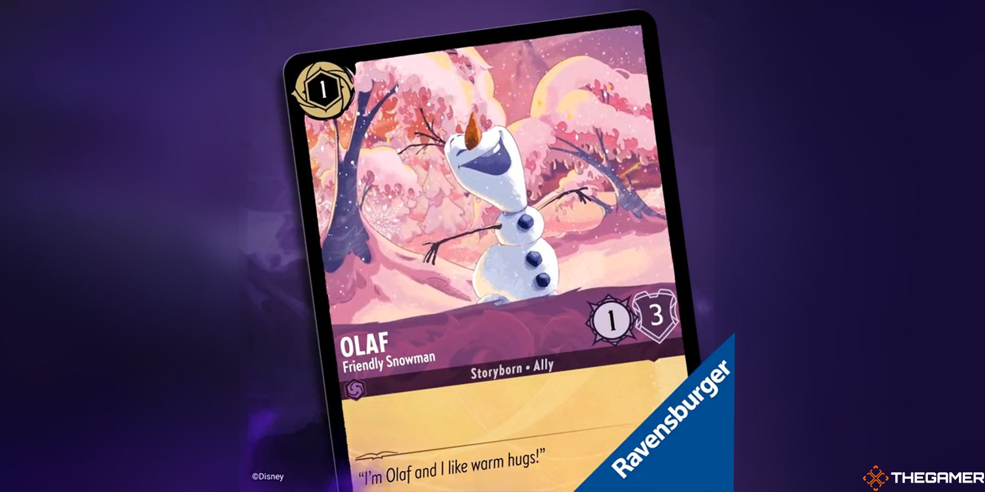 Olaf card from disney lorcana showing the snowman smiling with his arms spread in glee