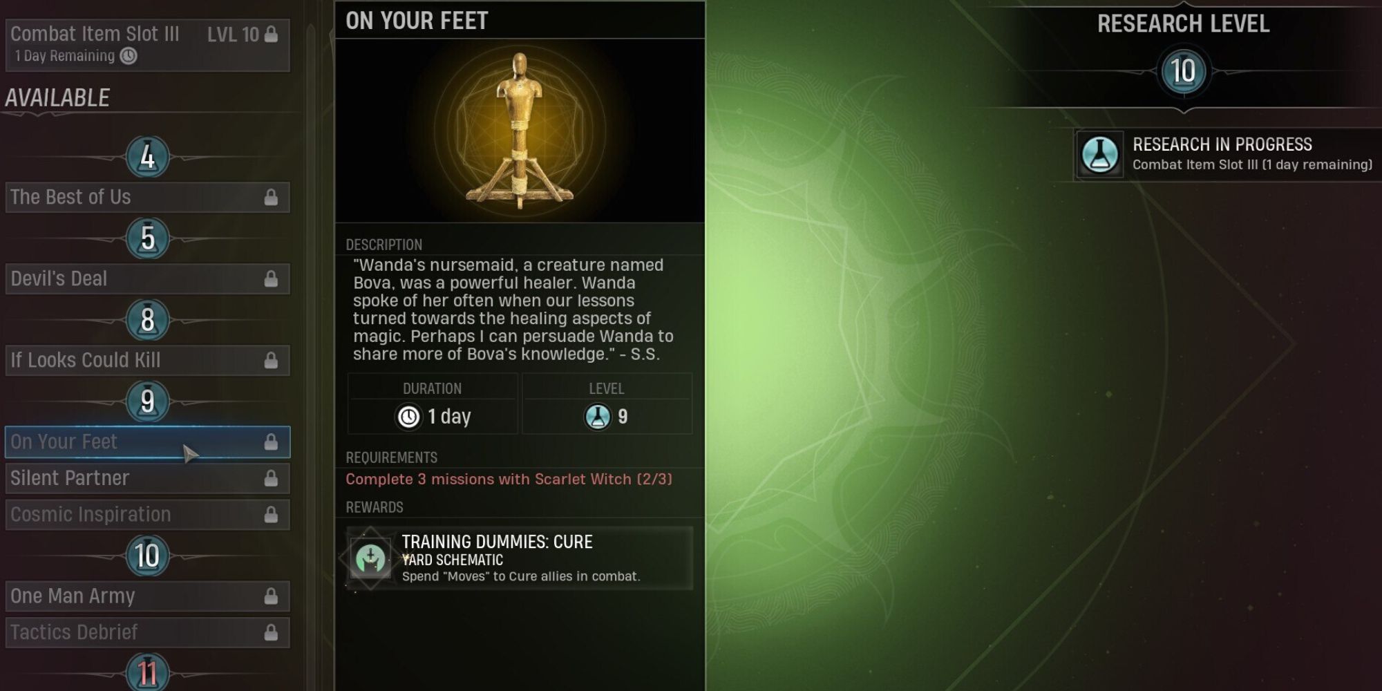 Research screen showing the "On Your Feet" schematic which can only be researched at level nine.
