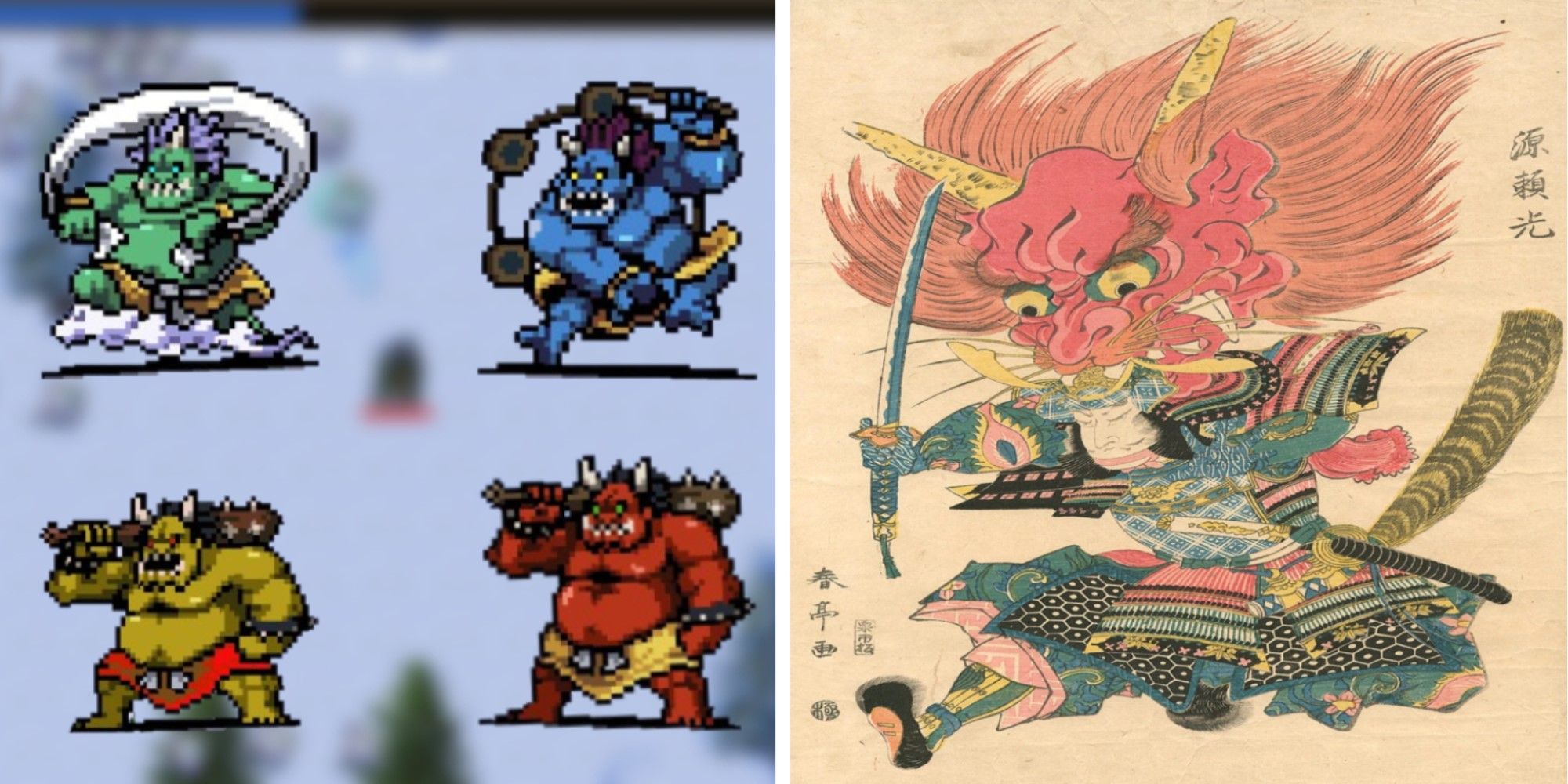 Sprites of Oni from Vampire Survivors alongside traditional art of an Oni.