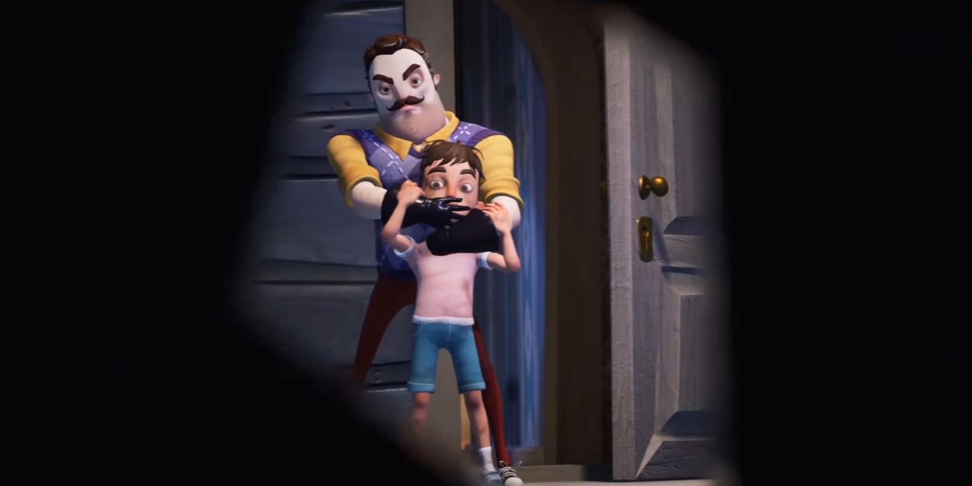 A neighbor holding his hand as he drags a little boy to his house.  This event is watched by the protagonist through binoculars.