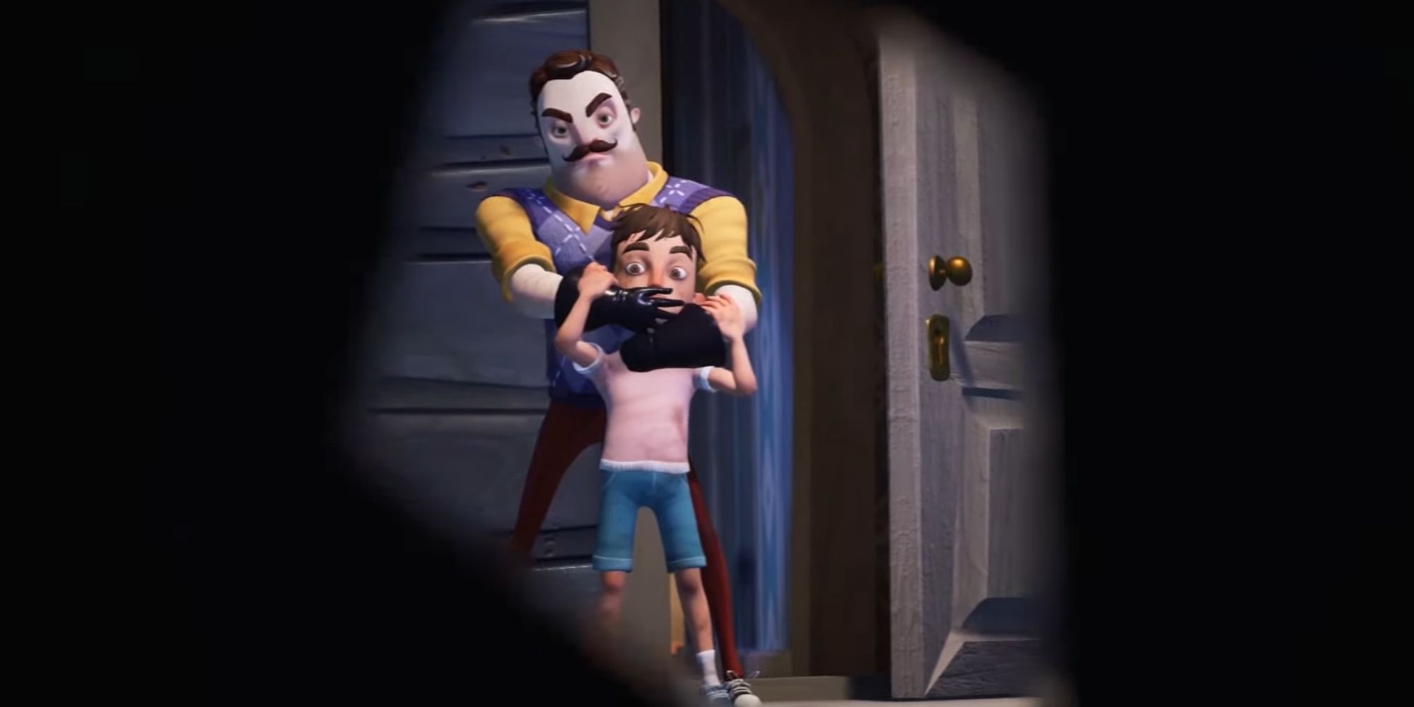 The Neighbor holding his hand over a young boy as he drags him into his house. This event is being watched through binoculars by the protagonist.