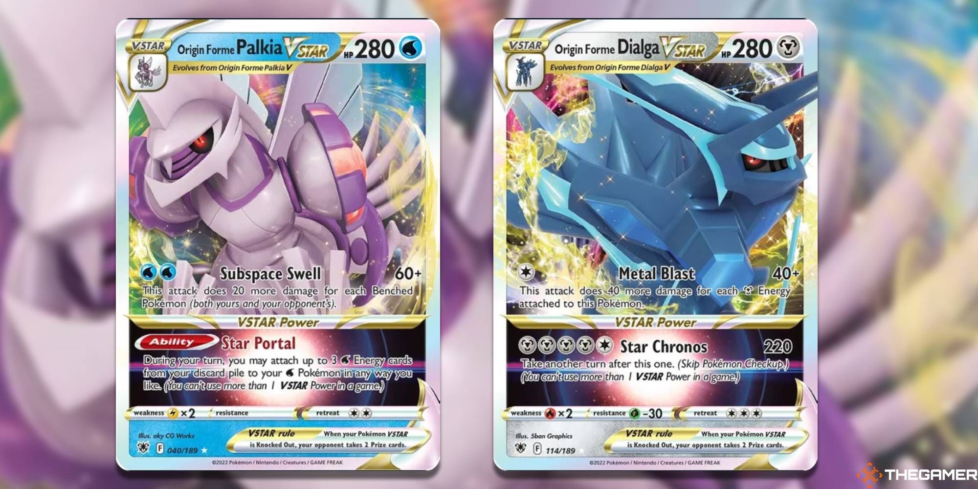 Origin Forme Palkia & Dialga VSTAR from Pokemon TCG with blurred background