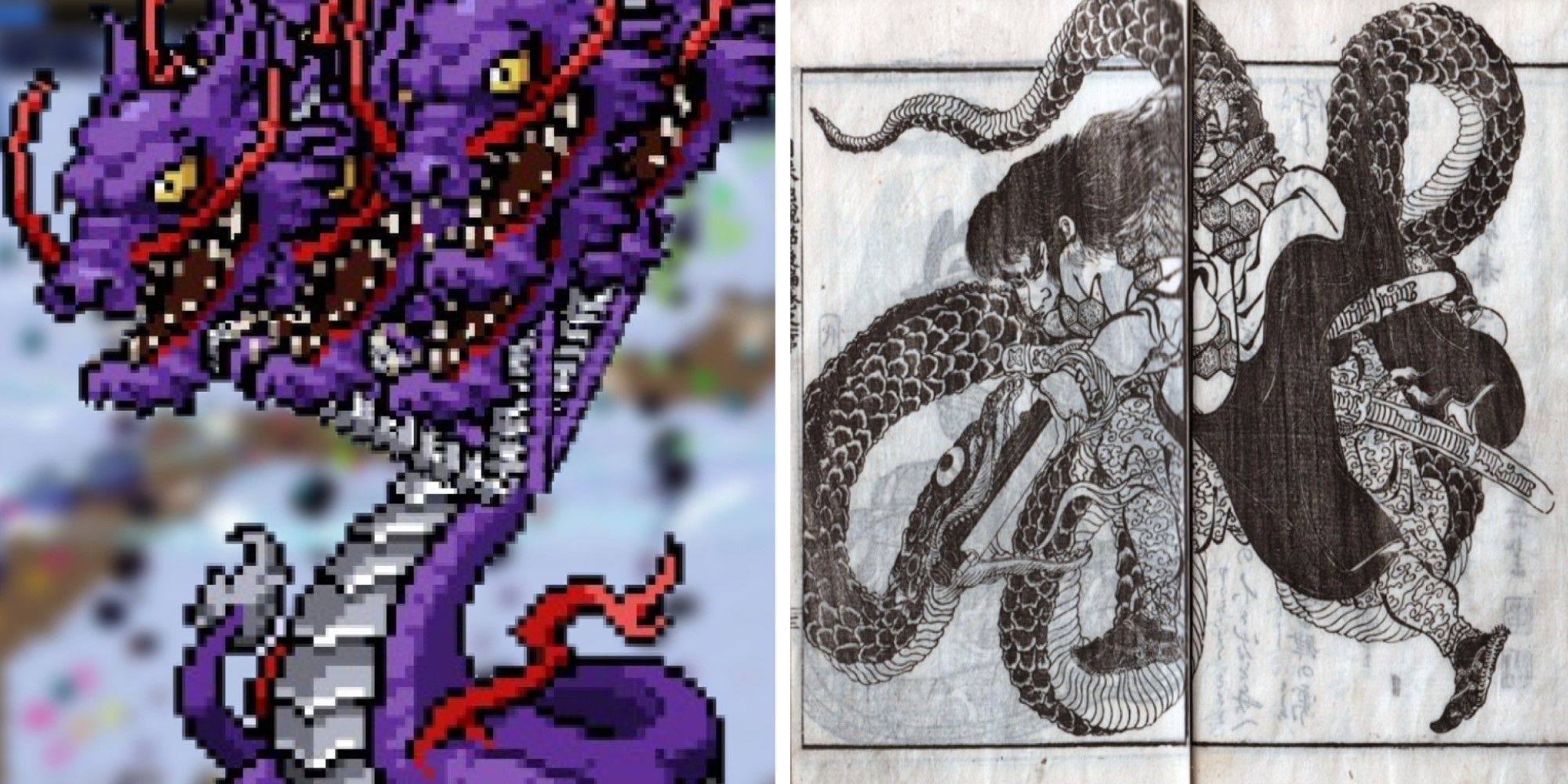 Sprite of Orochimario from Vampire Survivors alongside traditional art of Orochimaru.