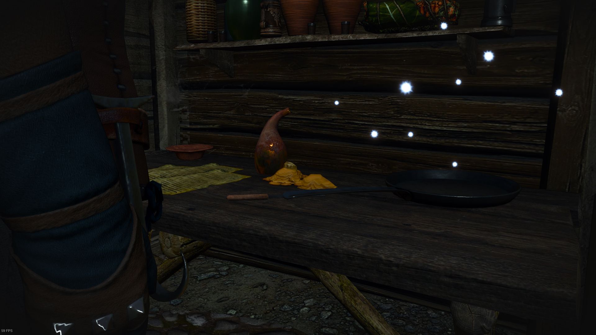 An ordinary metal pan is highlighted with a yellow outline inside a rustic hut with some paper and a burned-out candle visible.