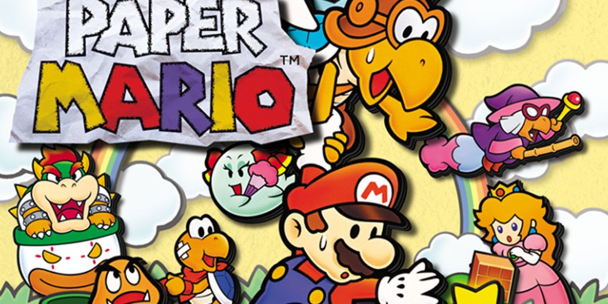 Bowser, Koopas, ein Goomba, Peach und Mario in der Box-Kunst für Paper Mario.