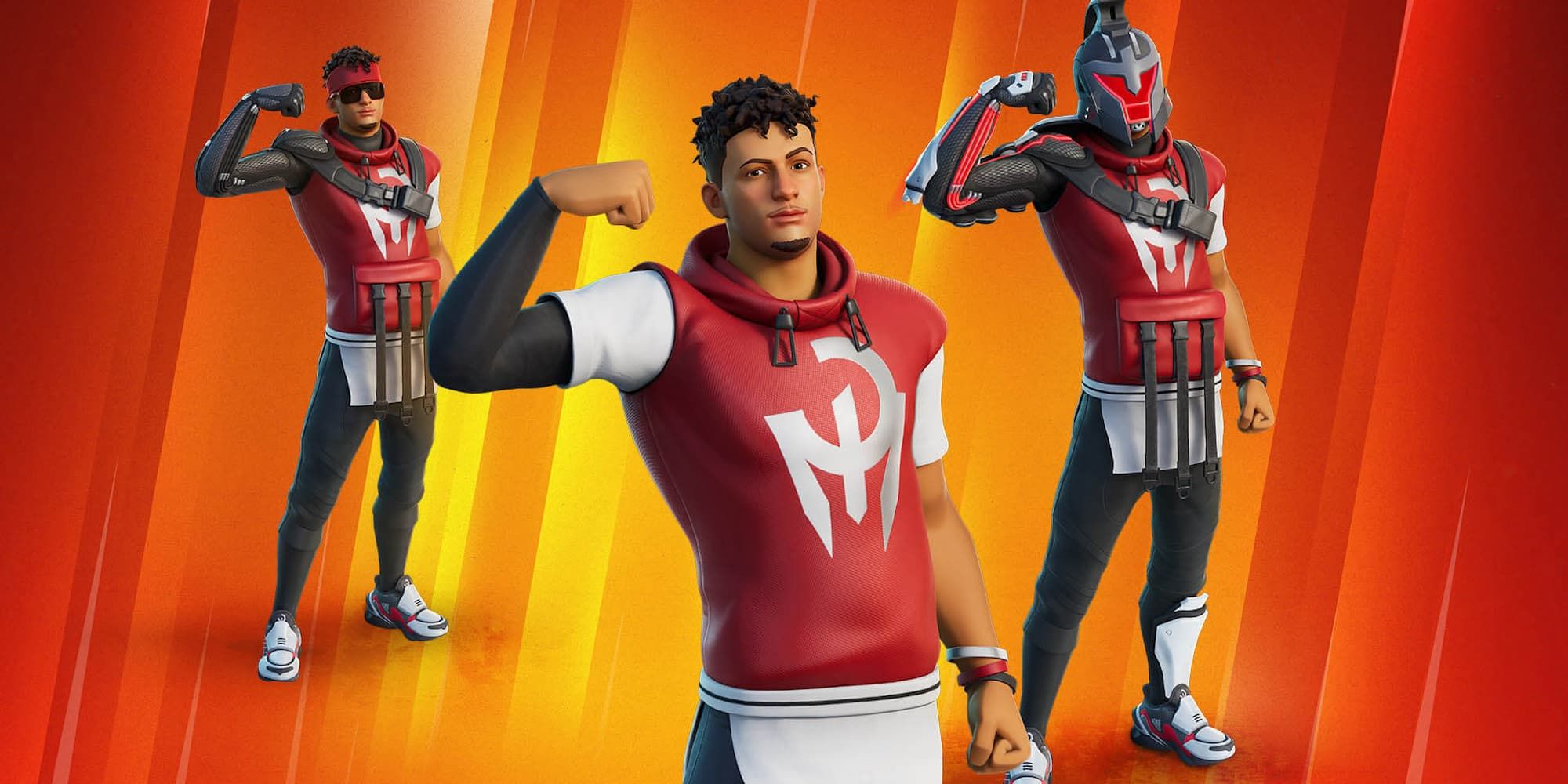 The three customizable Patrick Mahomes Fortnite skin levels flex with their right arm.