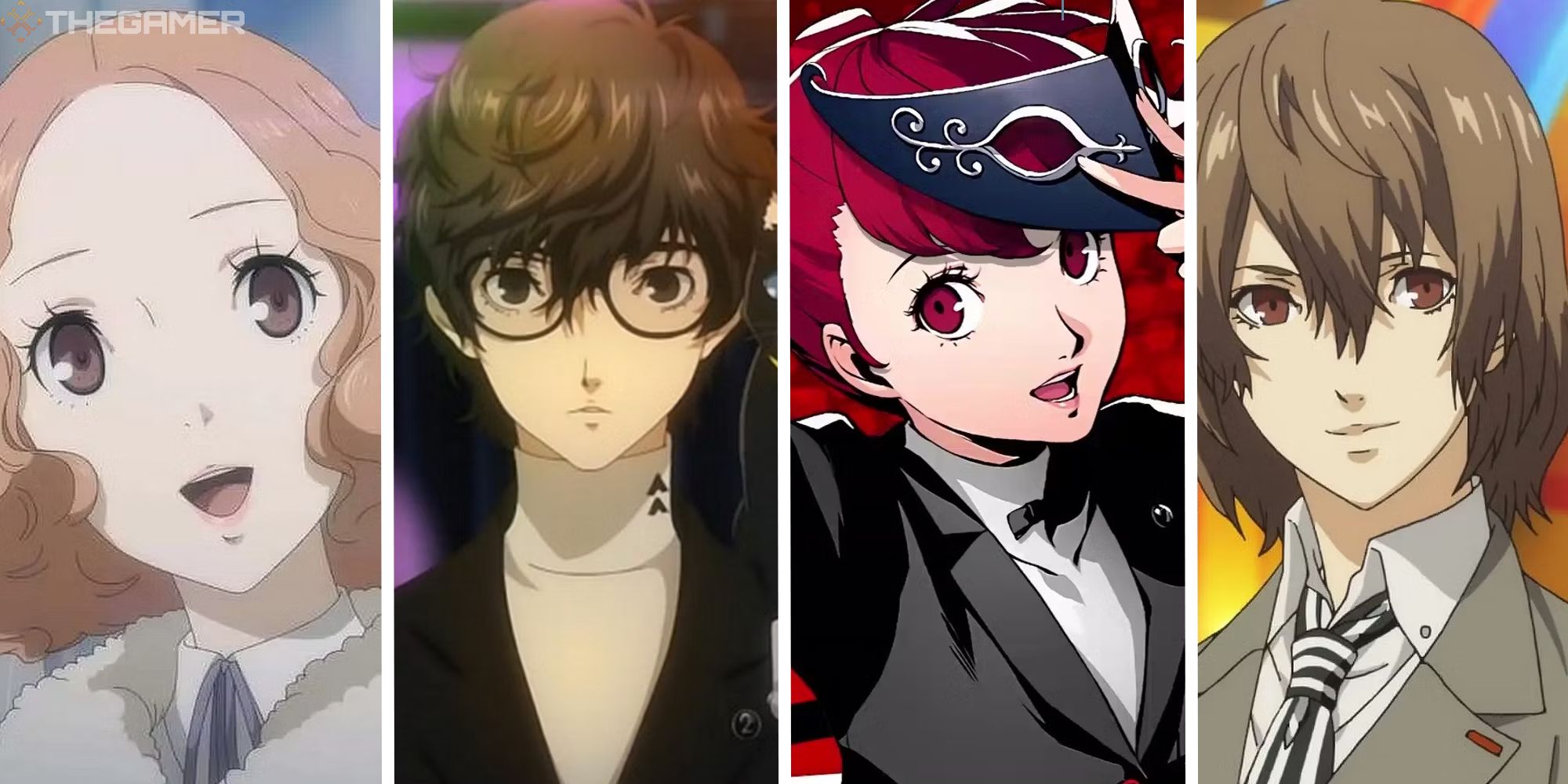 split image featuring haru, joker, kasumi, and akechi