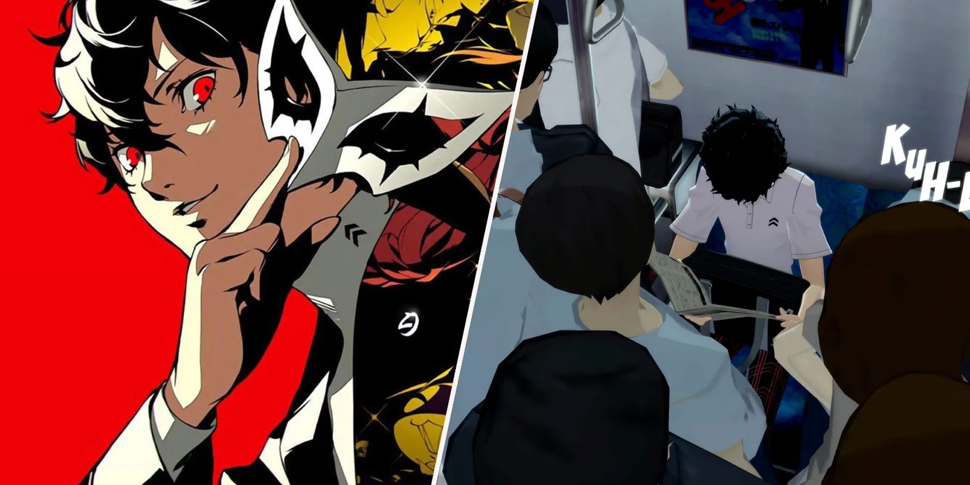 Persona 5 Royal - collage of key artwork and Joker reading on the train
