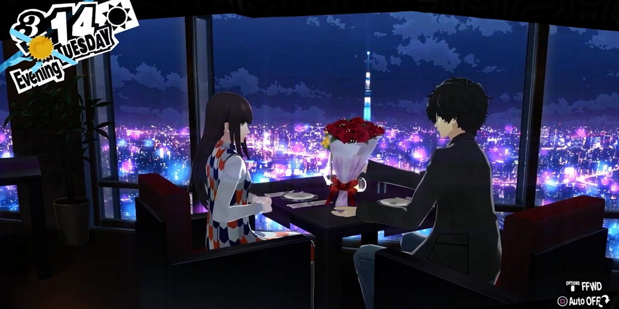 persona 5 royal joker and hifumi white valentine's day date overlooking tokyo