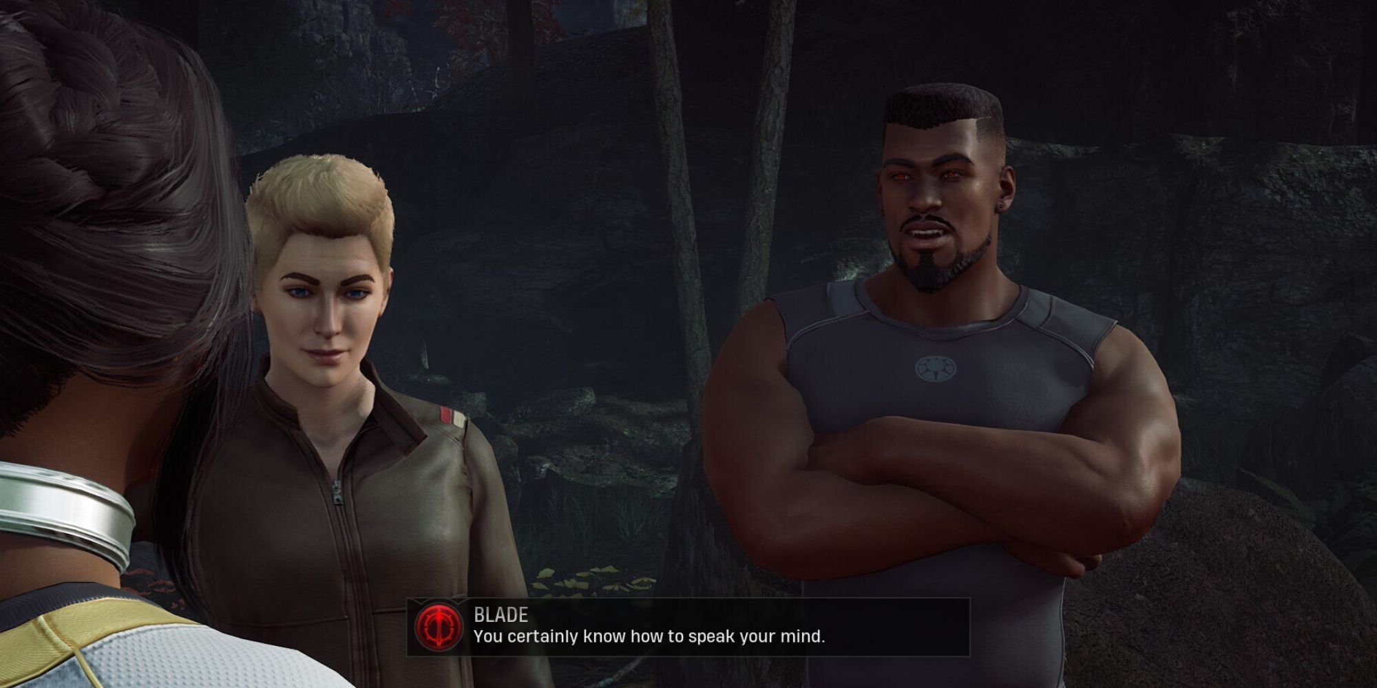 Carol and Blade talking to Hunter at the end of a meeting that was called.