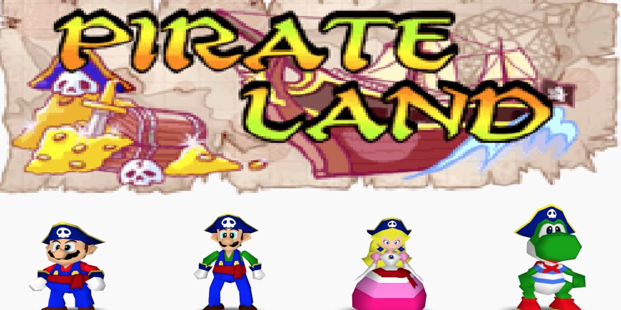 Pirate Land from Mario Party 2 featuring Mario, Luigi, Princess Peach, and Yoshi