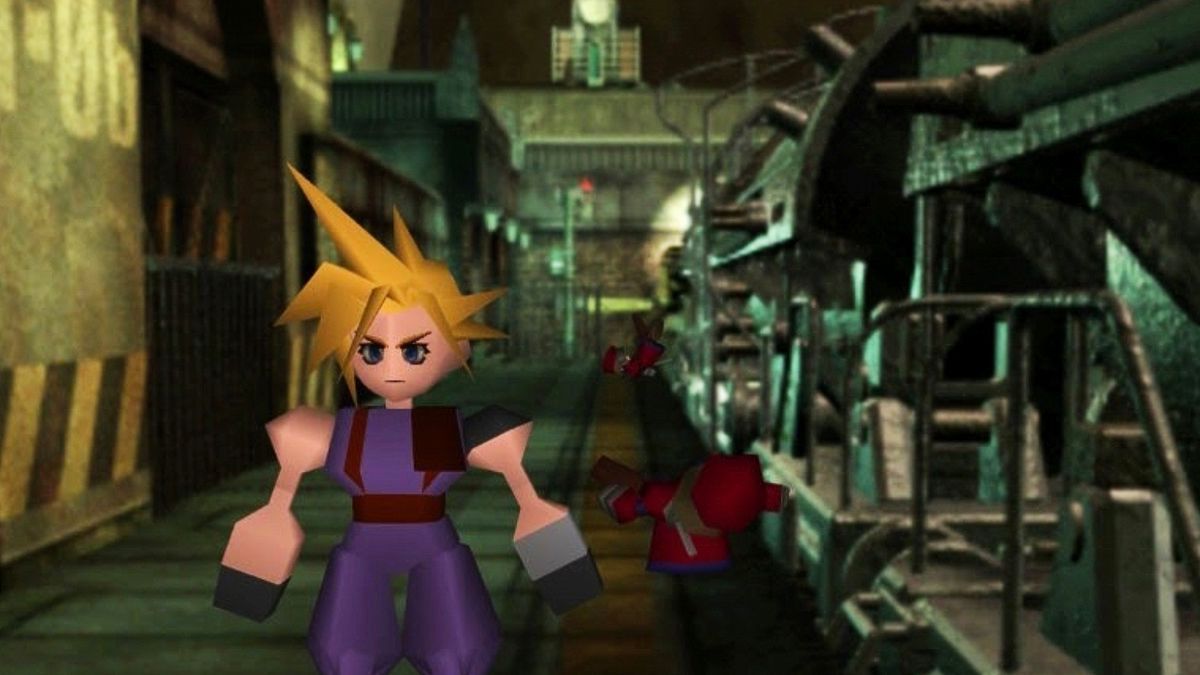 Image of Cloud next to the train from the opening of FF7